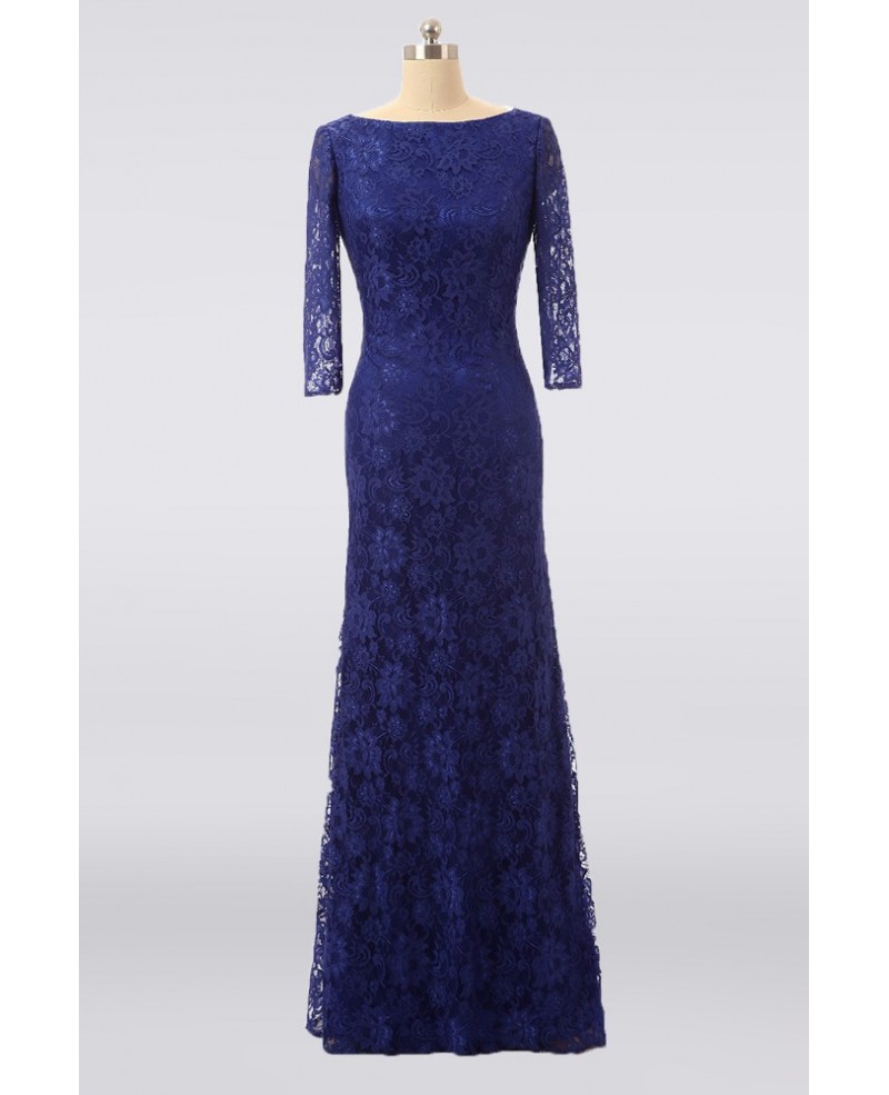 Formal Royal Blue Lace Long Evening Mother Of The Bride Dress With Sleeves