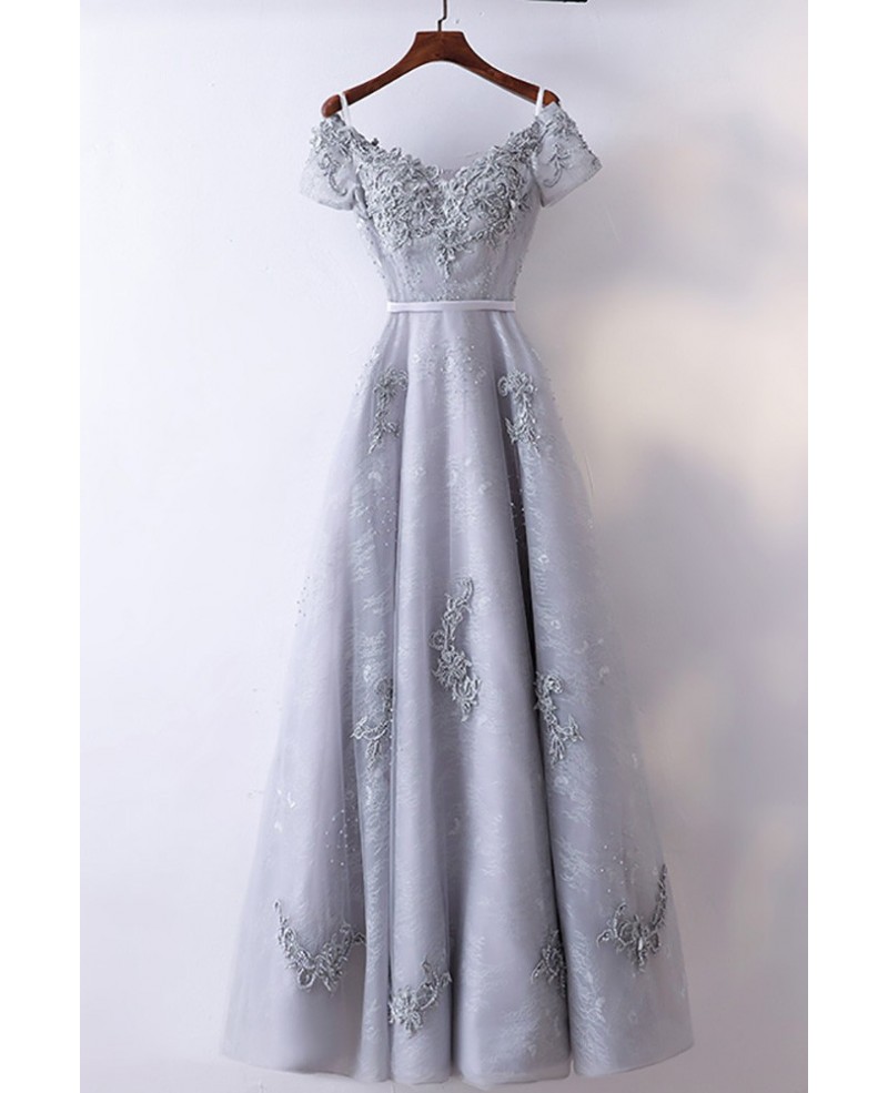 Special A Line Grey Long Prom Dress With Short Sleeves - Click Image to Close