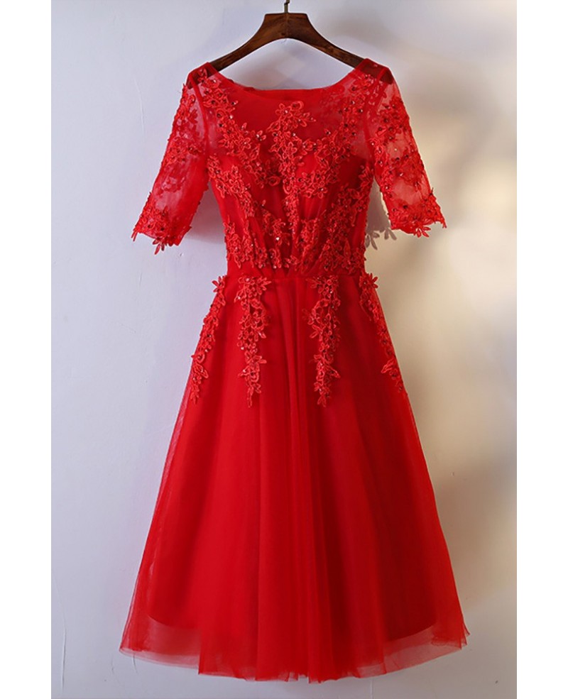 Short Red Lace Bridal Reception Dress With Short Sleeves - Click Image to Close