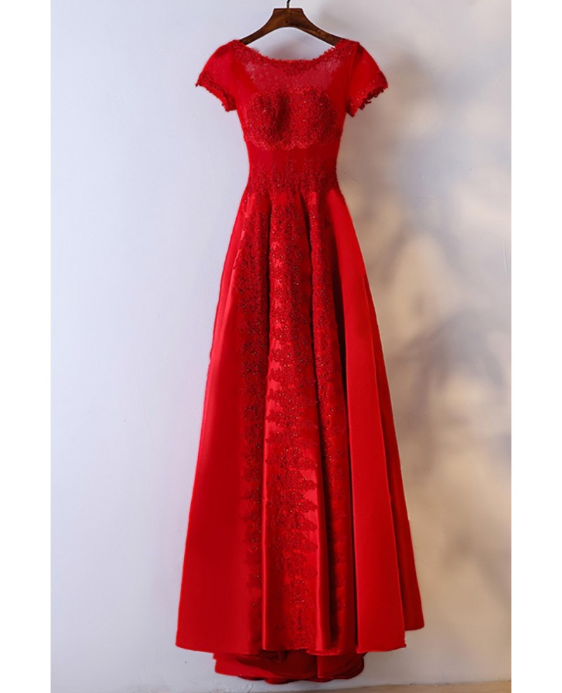 Modest Red Short Sleeve Formal Party Dress For Weddings
