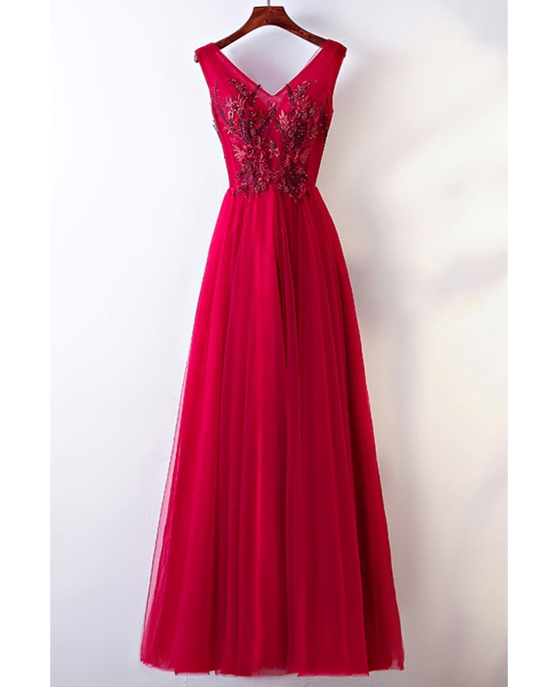 Sleeveless V-neck Long Burgundy Party Dress For Formal