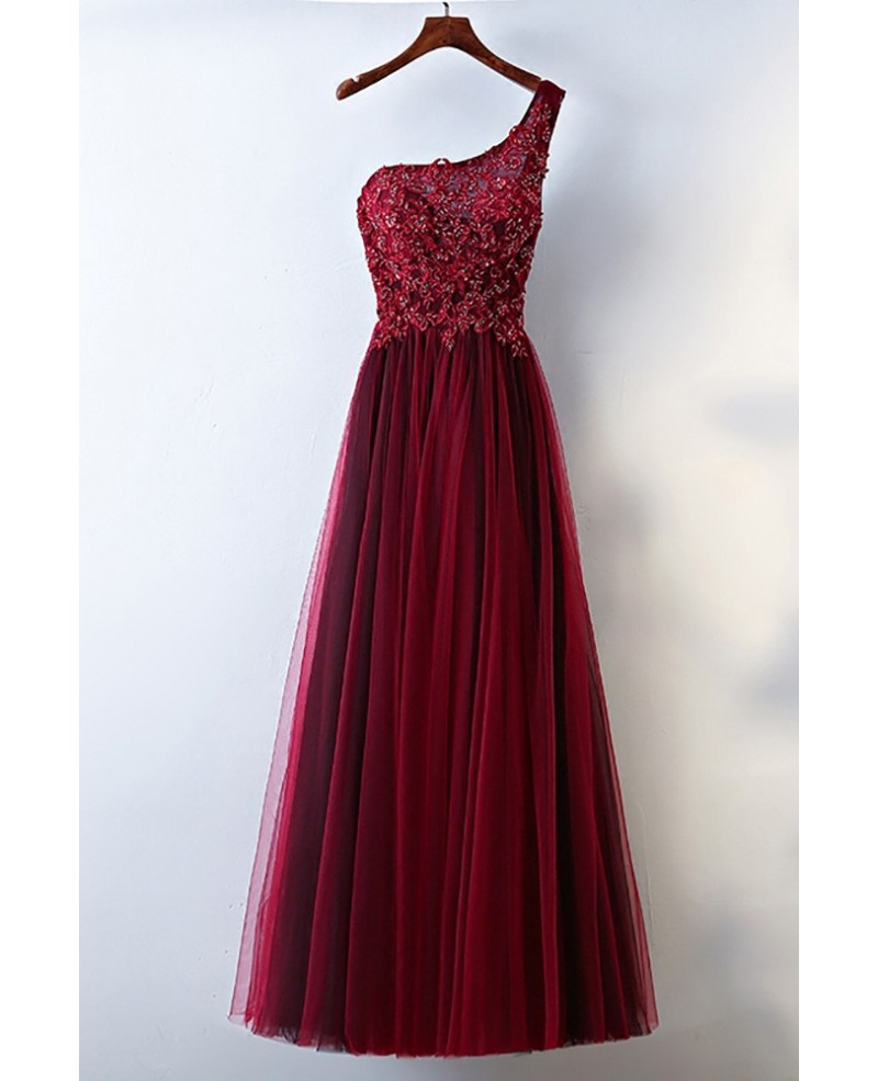 Burgundy One Shoulder Long Tulle Prom Party Dress For Women