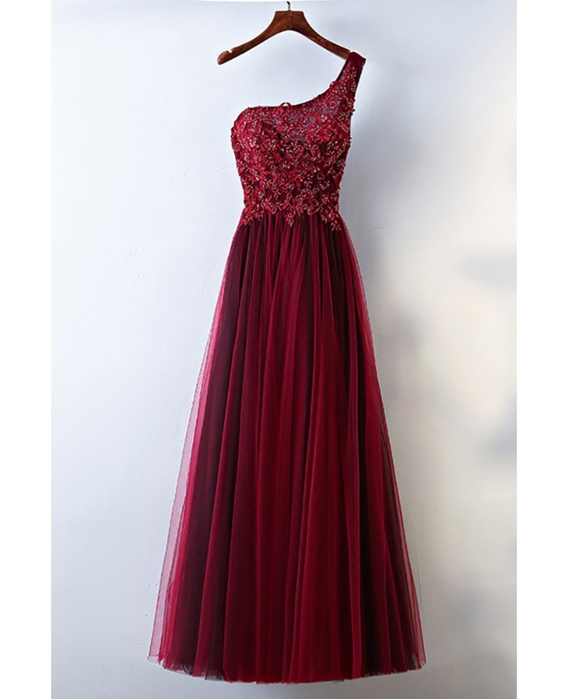 Burgundy One Shoulder Long Tulle Prom Party Dress For Women