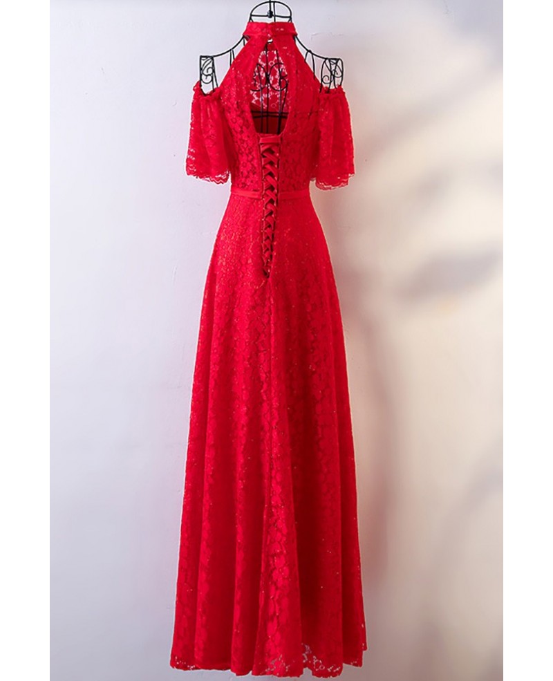 Gorgeous Long Red Lace Formal Party Dress High Neck With Cold Shoulder