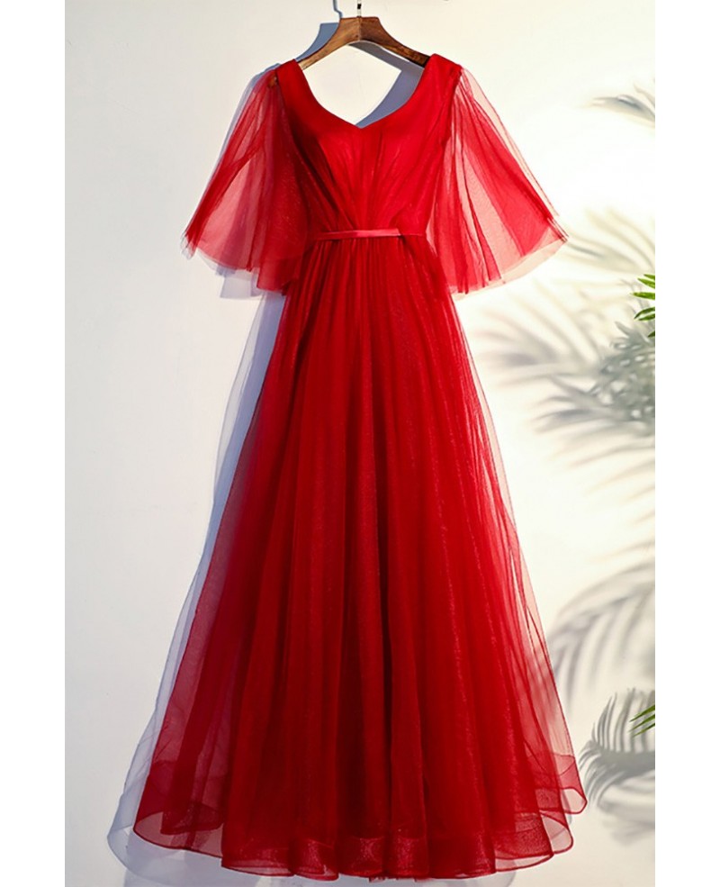 Flowy Red Butterfly Sleeves Long Formal Party Dress