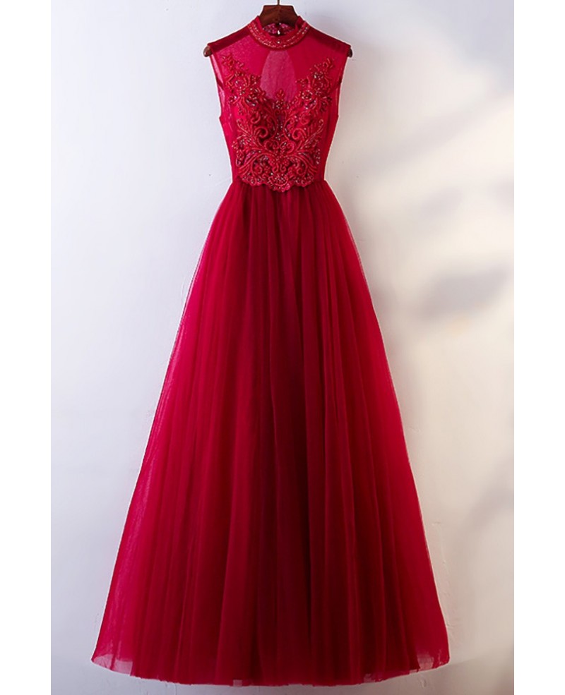 Vintage Chic High Neck Burgundy Prom Dress With Tulle Sleeveless - Click Image to Close