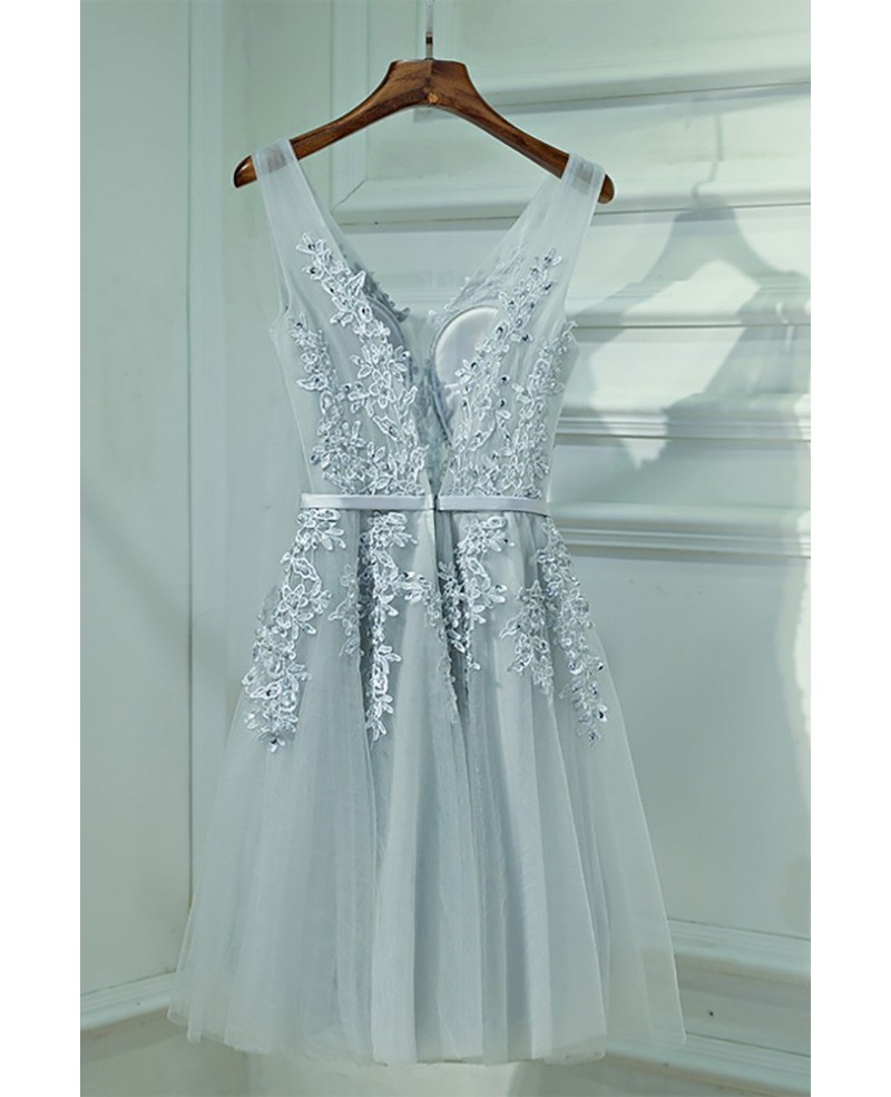 Silver V-neck Short Lace Reception Party Dress V-neck