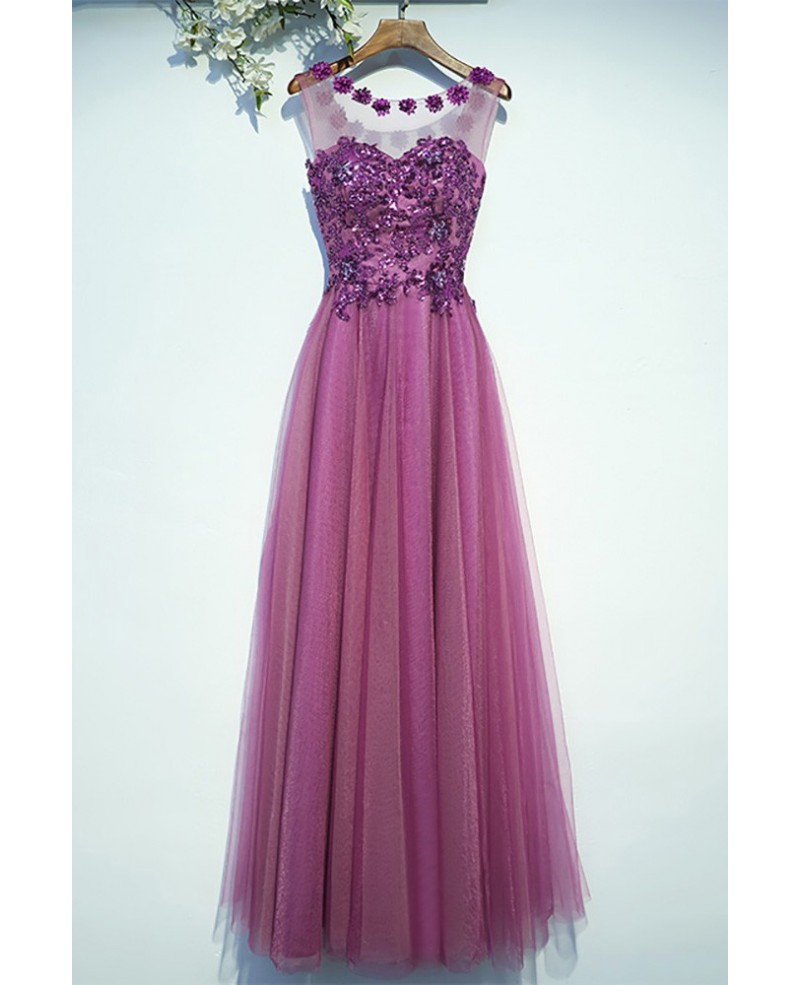 Purple Appliques A Line Cheap Prom Dress Long Sleeveless