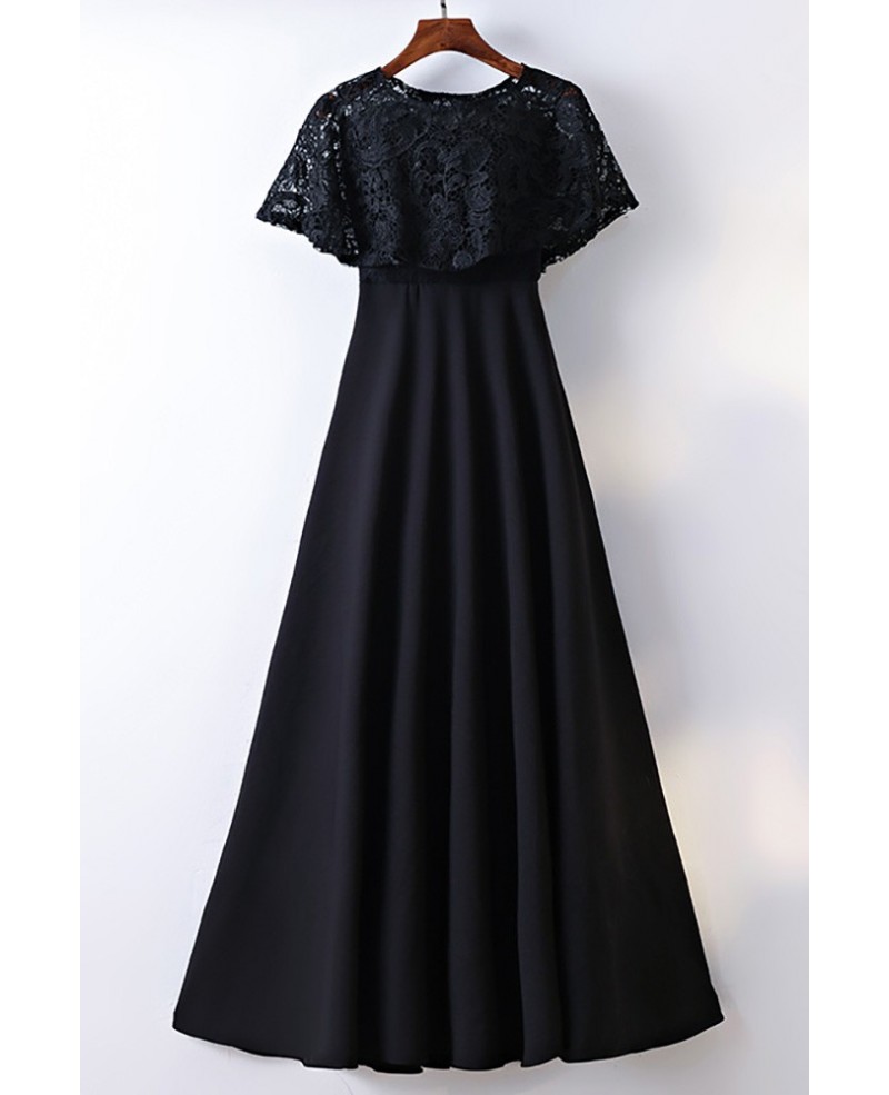 Classy Cape Sleeve Lace High Waist Long Formal Dress Black