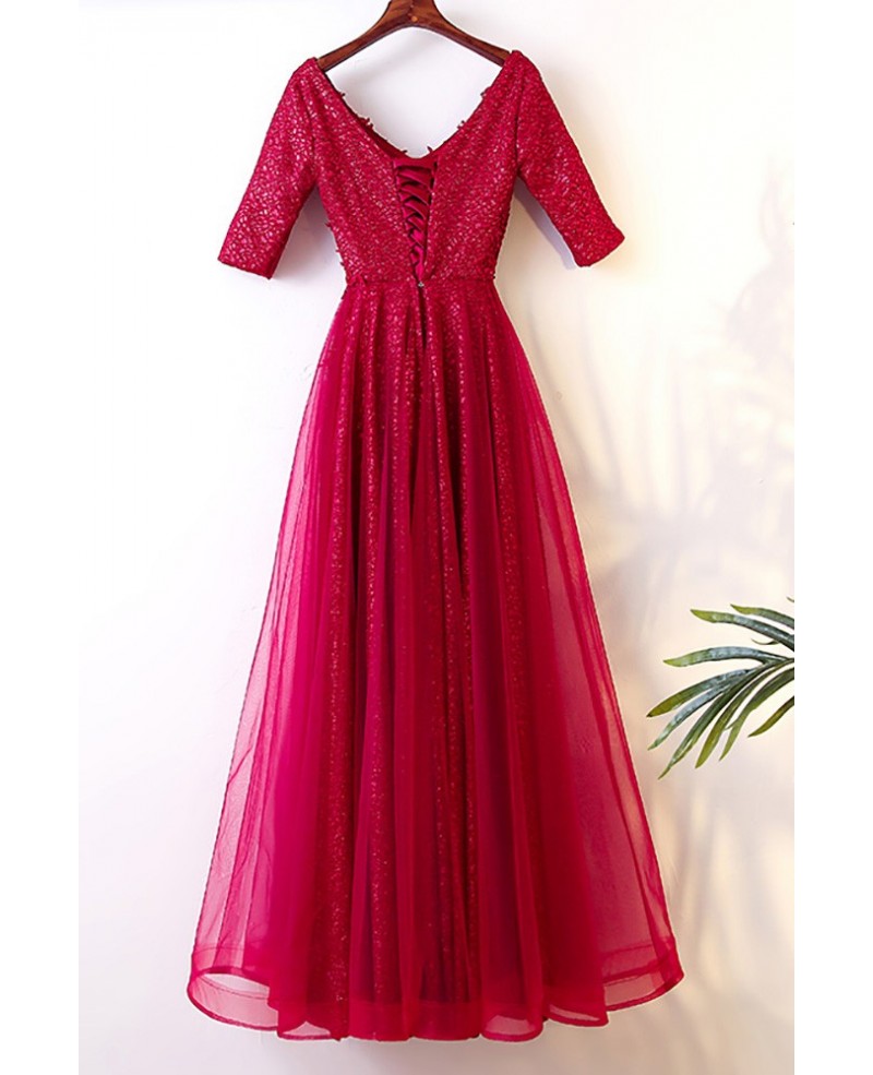 Burgundy Long Tulle Party Dress With Sleeves For Weddings