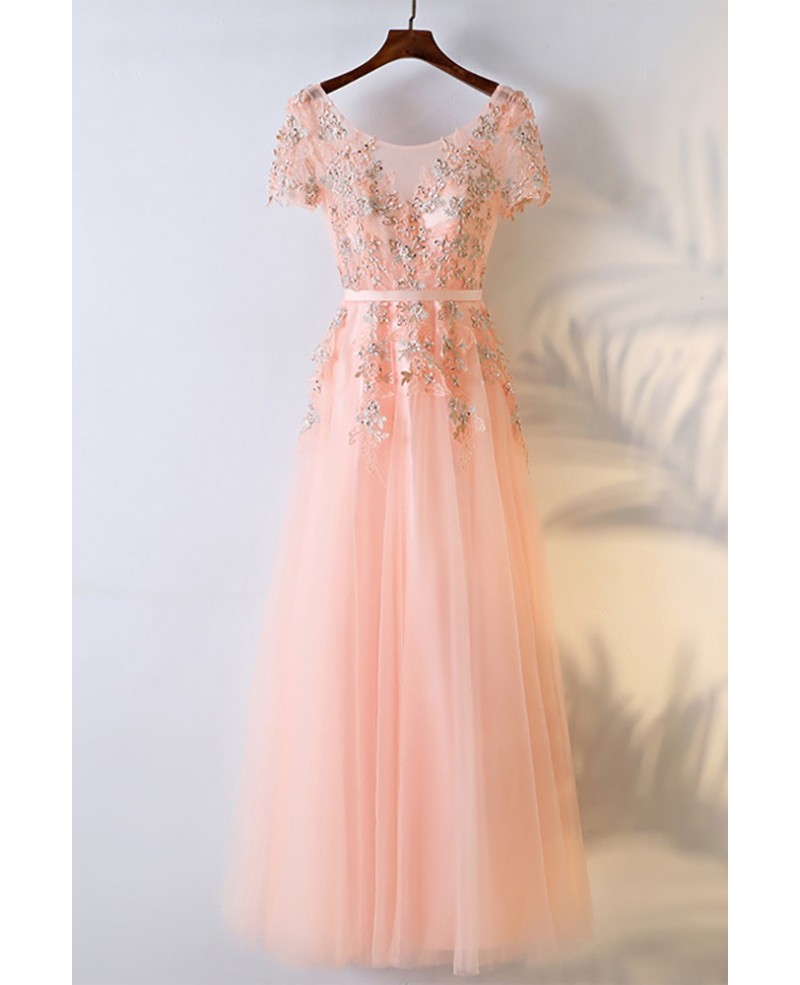 Peachy Pink Round Neck Long Prom Dress With Short Sleeves - Click Image to Close