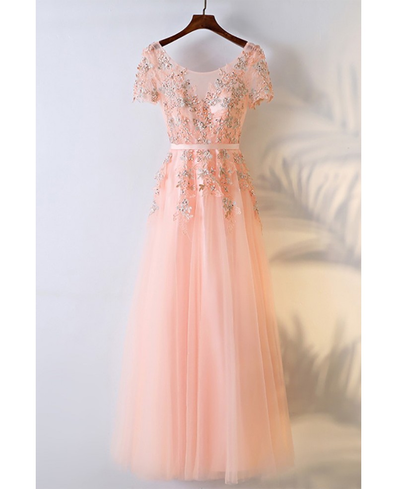 Peachy Pink Round Neck Long Prom Dress With Short Sleeves