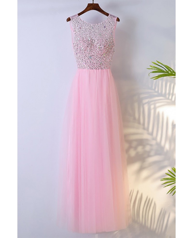 Cute Pink Long Sleeveless Prom Dress With Bling Sequins