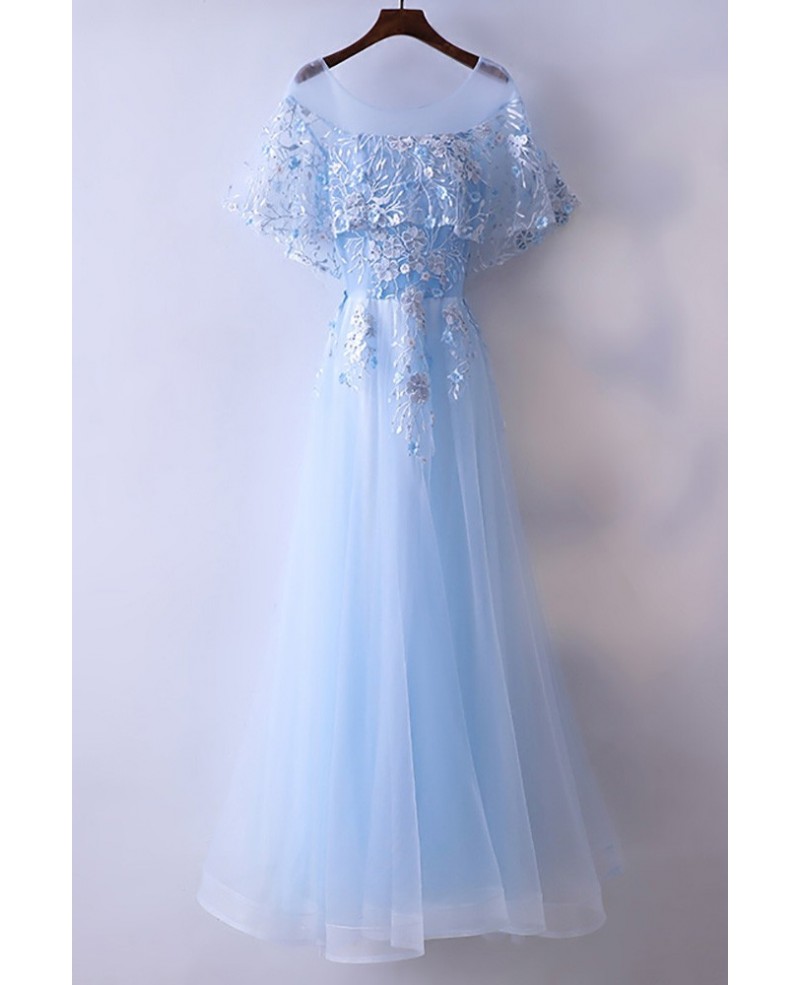 Beautiful Cap Sleeve Blue Prom Dress Long With Tulle - Click Image to Close