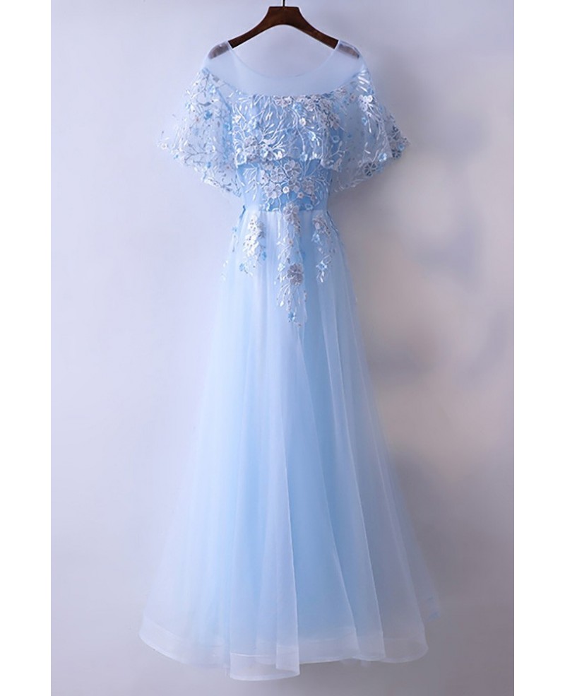 Beautiful Cap Sleeve Blue Prom Dress Long With Tulle