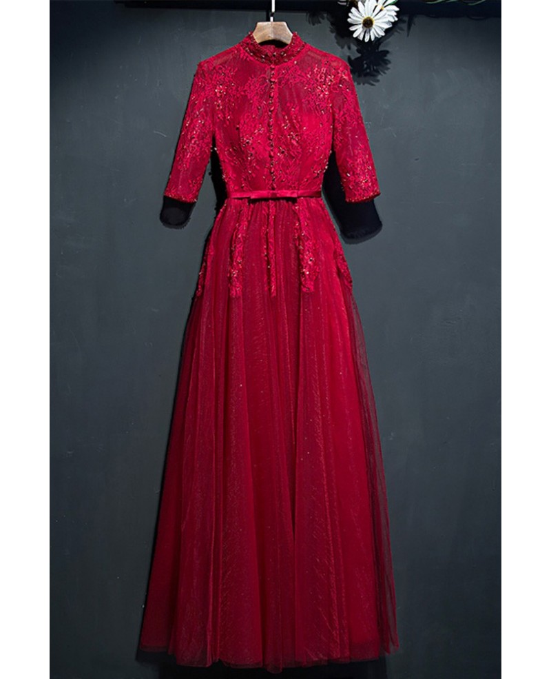 Unique High Neck Burgundy Long Party Dress With Lace Sleeves - Click Image to Close