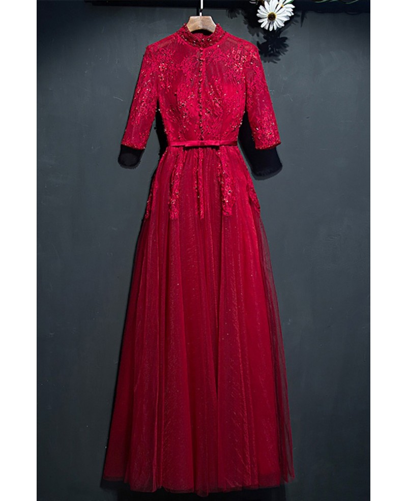 Unique High Neck Burgundy Long Party Dress With Lace Sleeves