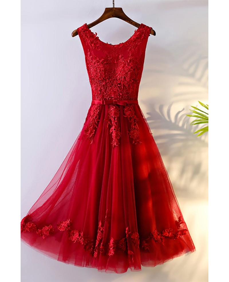 Pretty Red Lace Short Bridal Reception Party Dress Sleeveless - Click Image to Close