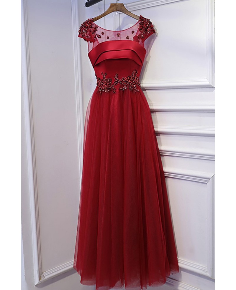 Burgundy Sequined Cap Sleeves Long Prom Party Dress With Tulle