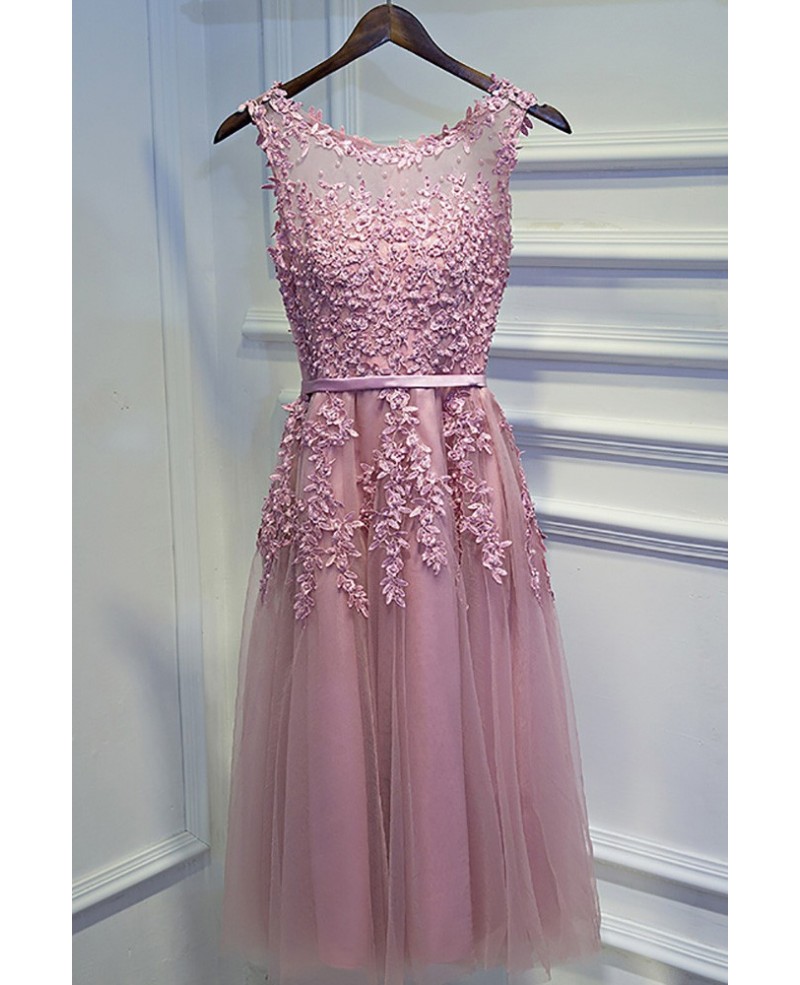 Pretty Pink Lace Short Party Dress Sleeveless With Appliques - Click Image to Close