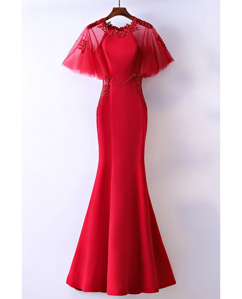 Slim Satin Long Mermaid Formal Dress With Butterfly Sleeves - Click Image to Close