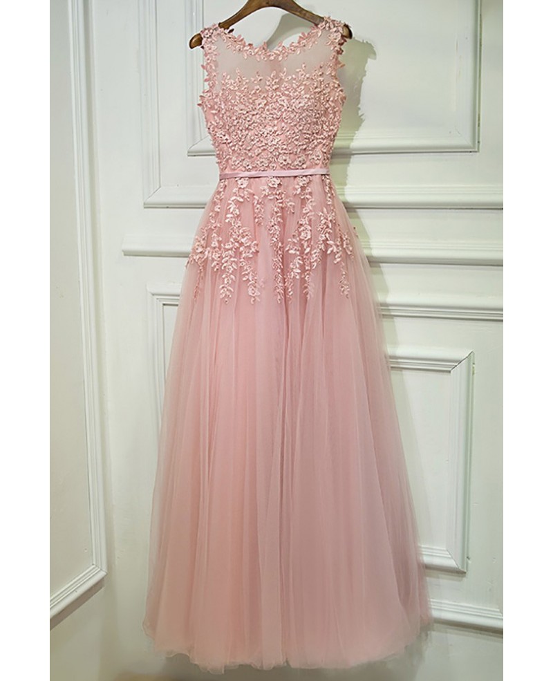 Gorgeous Pink Tulle Prom Dress Long With Lace Sleeveless - Click Image to Close