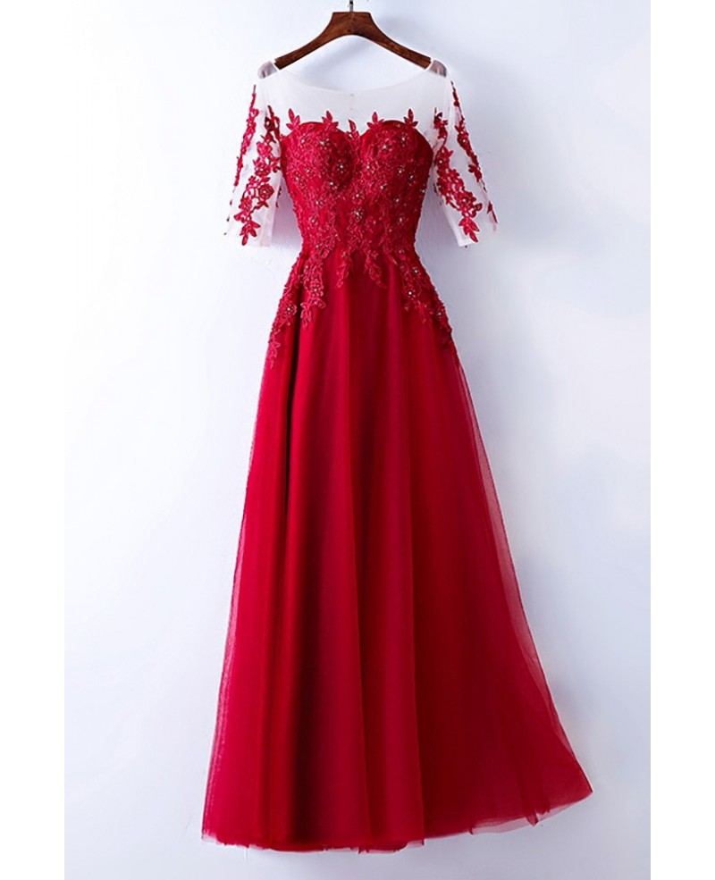 Burgundy Beaded Lace Long Party Dress With Illusion Neckline