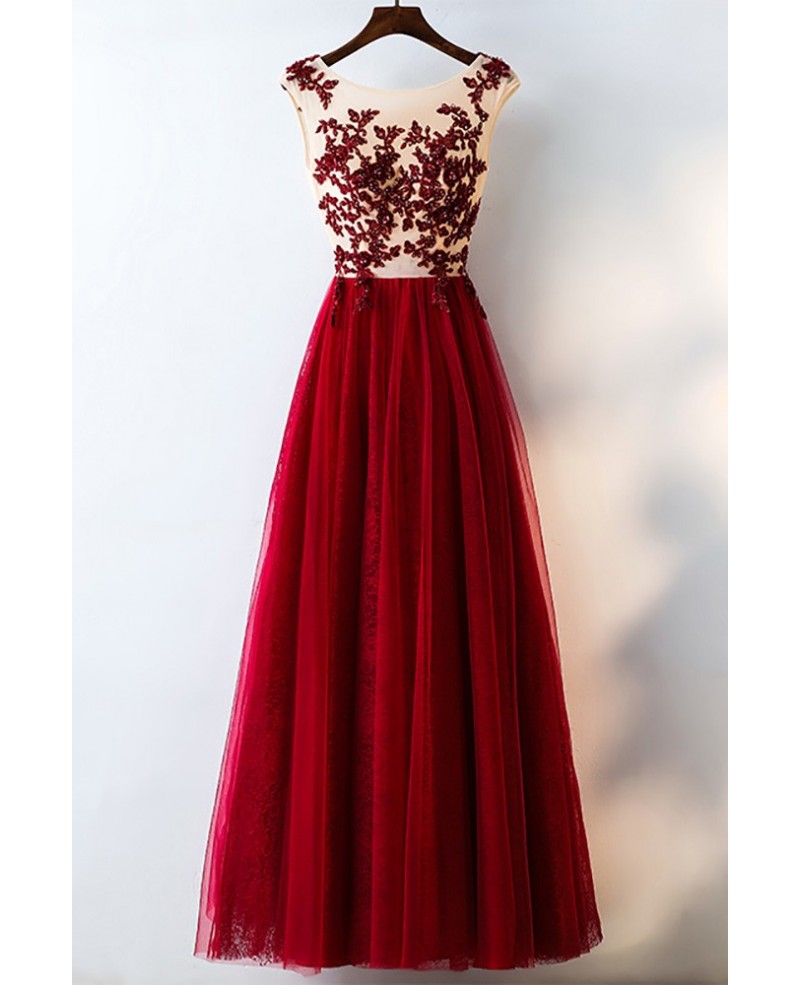 Formal Red Sequined Tulle Prom Dress Long With Lace