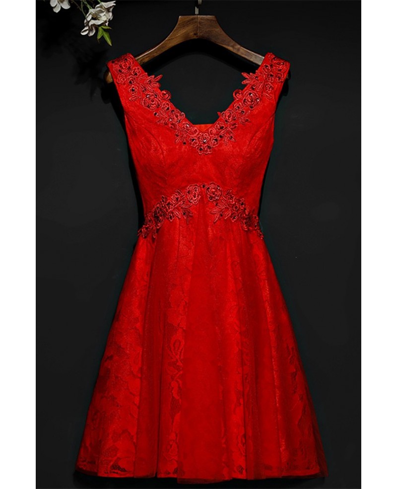 Short Red Beaded Lace High Waist Bridal Party Dress V-neck