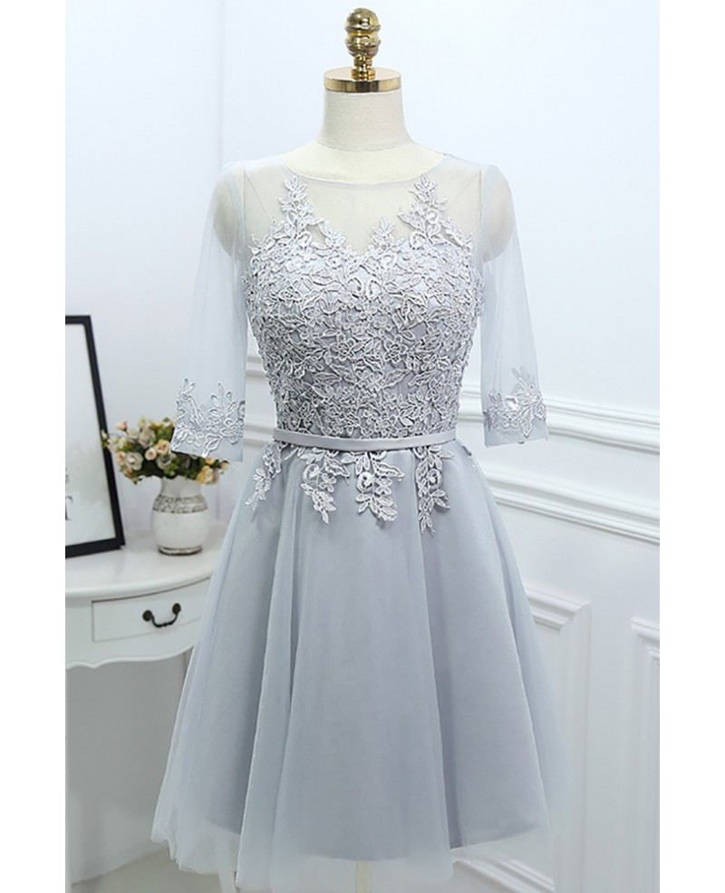 Grey Lace Short Reception Party Dress With Illusion Neck Sleeves - Click Image to Close