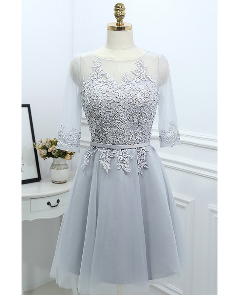 Grey Lace Short Reception Party Dress With Illusion Neck Sleeves