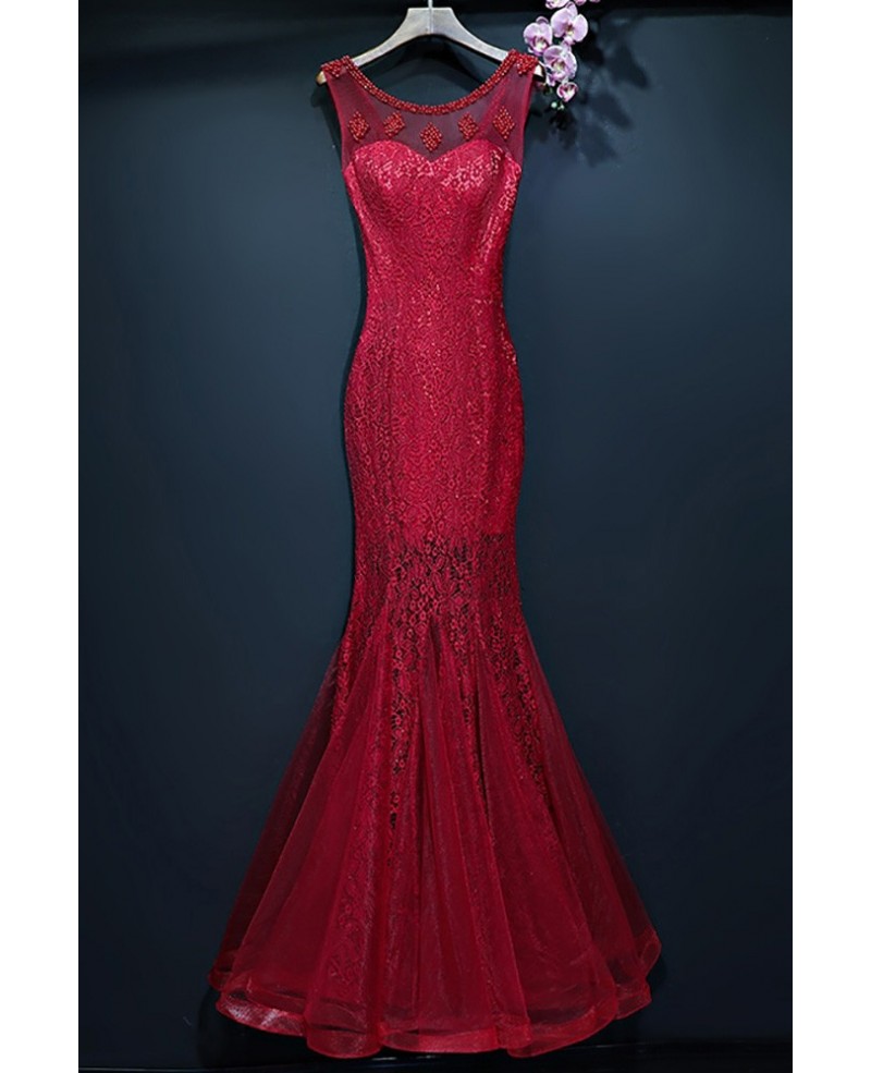 Burgundy Slim Long Mermaid Formal Dress With Lace Sleeveless - Click Image to Close
