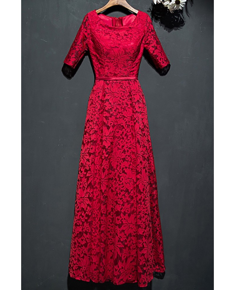 Modest Burgundy Full Lace Long Party Dress With Sleeves