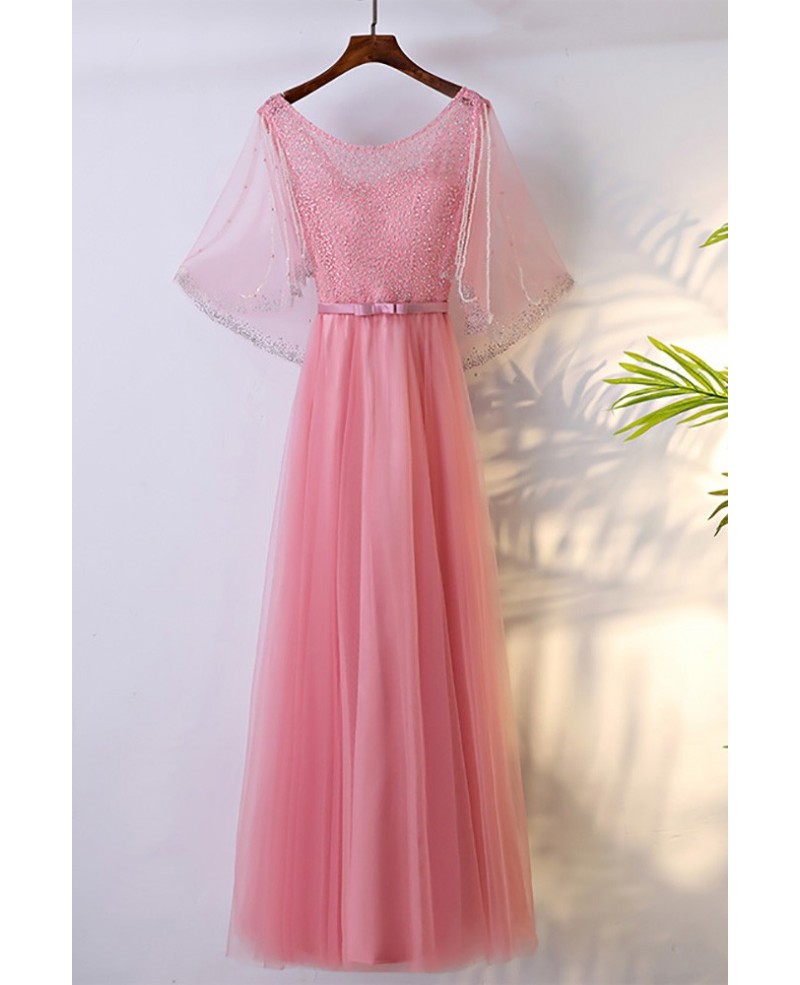 Special Beaded Pink Bling Long Formal Dress With Cape Sleeves - Click Image to Close