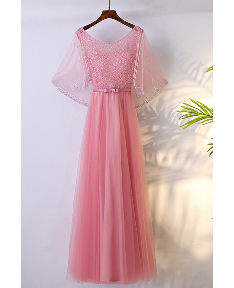 Special Beaded Pink Bling Long Formal Dress With Cape Sleeves