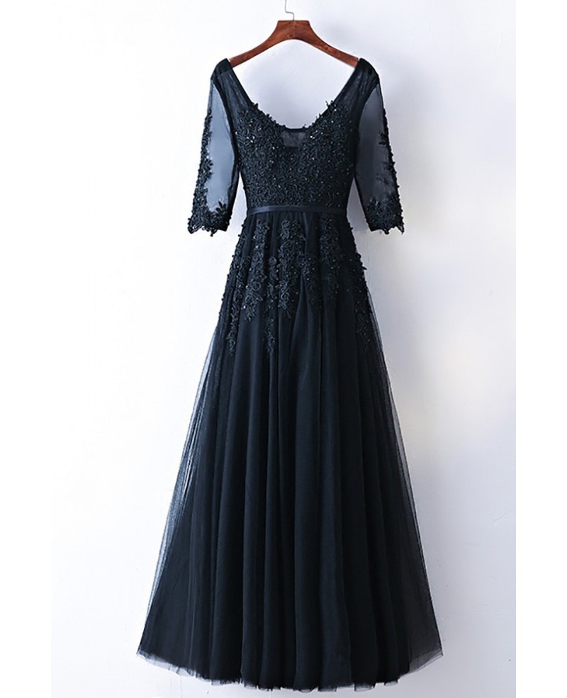 Modest Long Lace Black Prom Party Dress For Less - Click Image to Close
