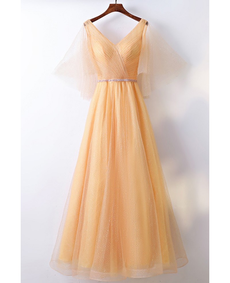 Classy Yellow Long Tulle Cheap Formal Party Dress V-neck With Bling - Click Image to Close