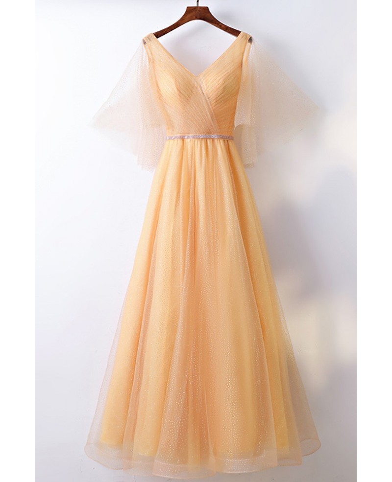 Classy Yellow Long Tulle Cheap Formal Party Dress V-neck With Bling