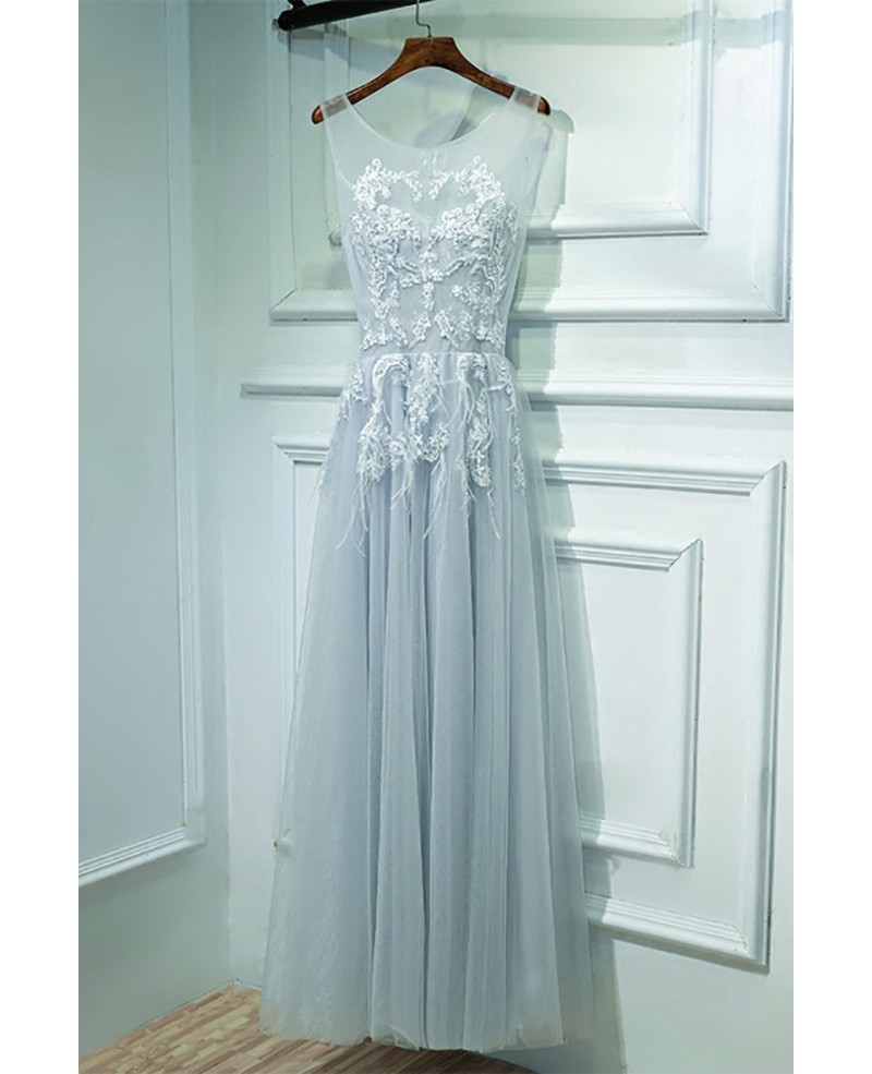 Grey A Line Lace Cheap Prom Dress Long Sleeveless