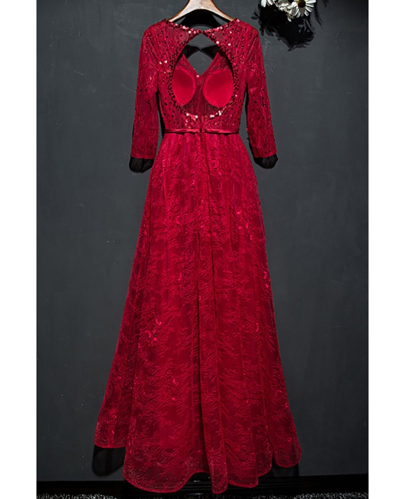 Elegant Burgundy Sequined Lace Party Dress Open Back With Sleeves