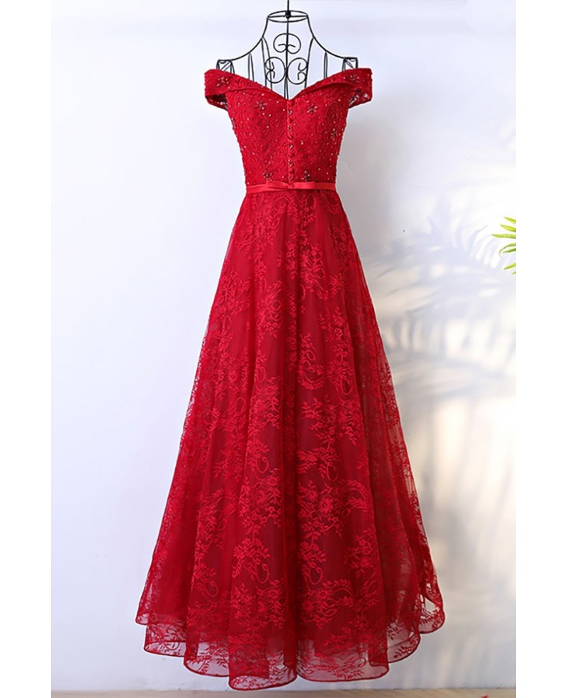 Red Long Lace Formal Party Dress With Off Shoulder - Click Image to Close