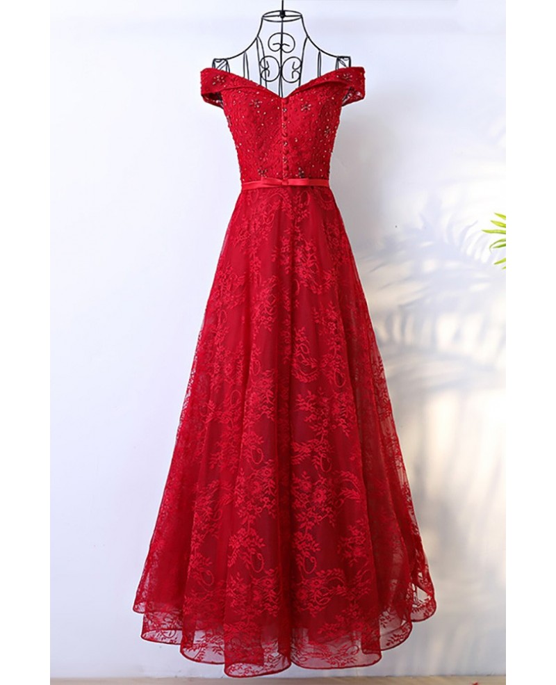 Red Long Lace Formal Party Dress With Off Shoulder