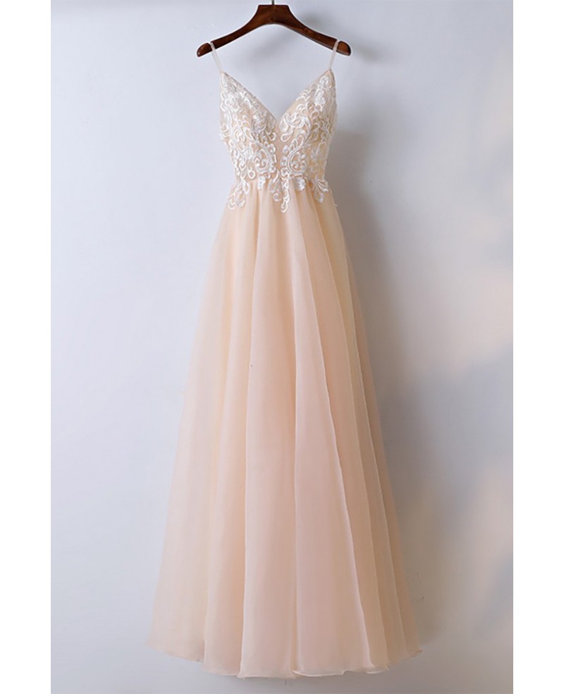 Boho Champagne Lace Long Prom Dress With Spaghetti Straps - Click Image to Close
