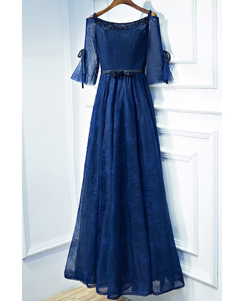 Beautiful Navy Blue Lace Long Formal Prom Dress With Sleeves