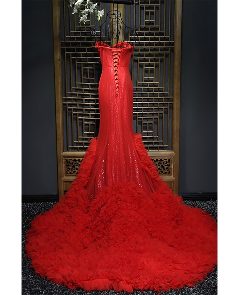 Fitted Red Mermaid Long Formal Dress With Train - Click Image to Close