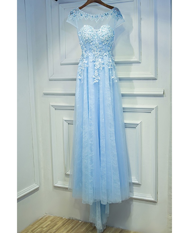 Gorgeous Sky Blue Long Prom Dress With Cap Sleeves Applique Lace - Click Image to Close