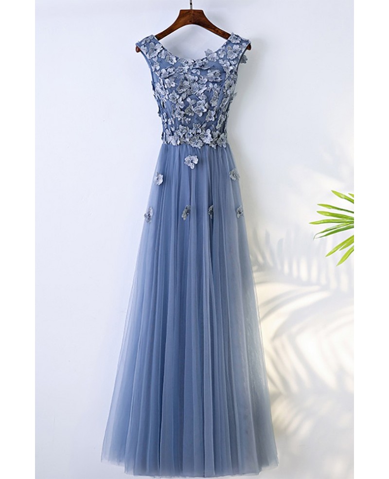 Trendy Dusty Blue Flowy Prom Dress Long With Flower Petals - Click Image to Close