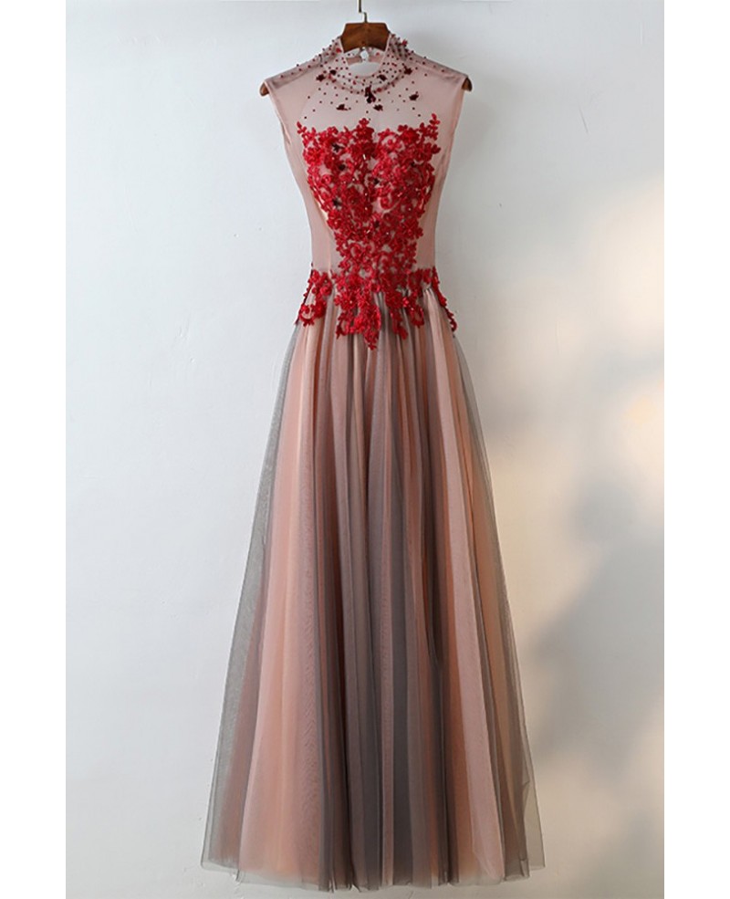 Unique High Neck Black Tulle And Red Lace Prom Dress Sleeveless