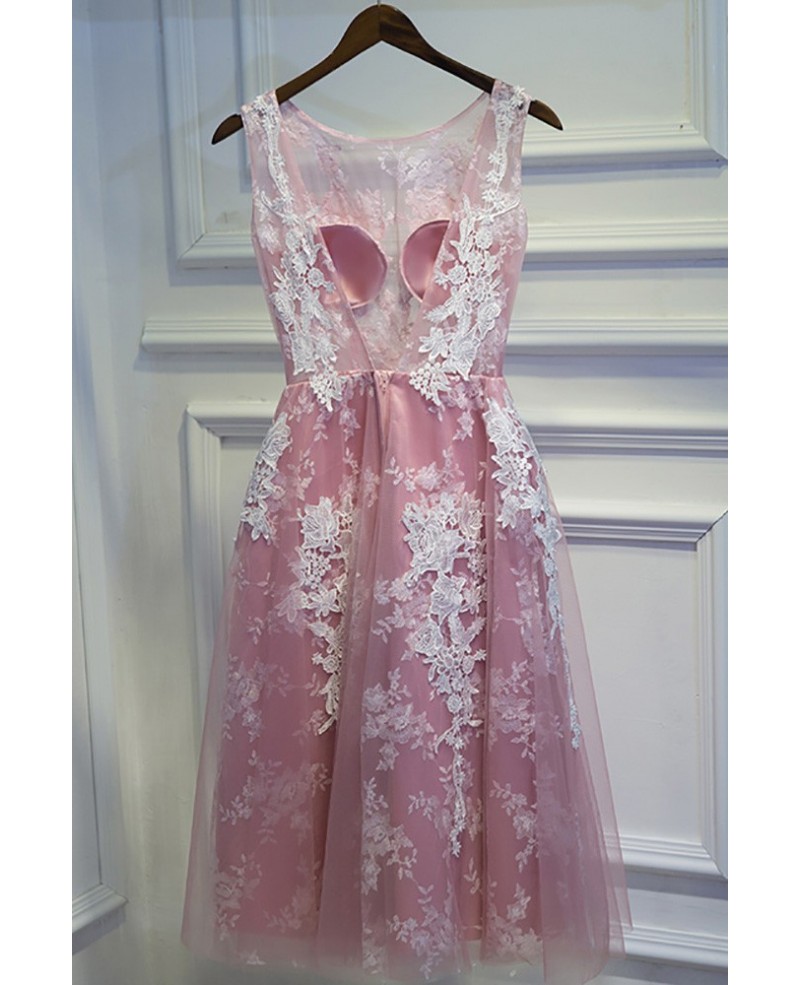 Cute White And Pink Lace Short Homecoming Party Dress Sleeveless