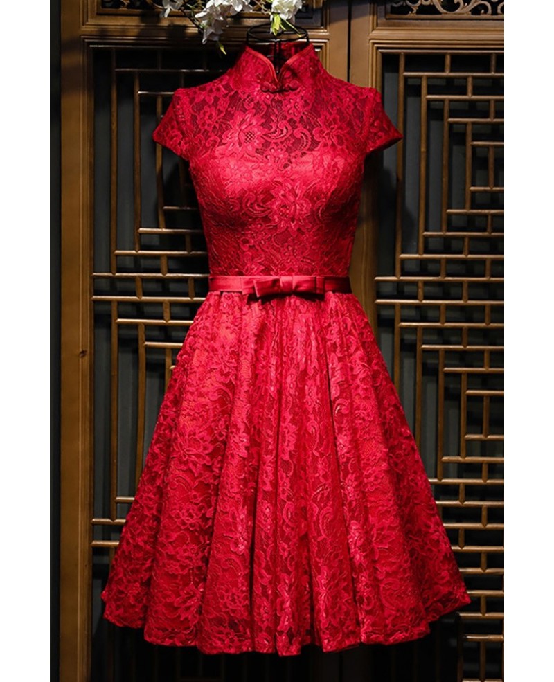 Chinese Burgundy Qipao Style Short Reception Party Dress With Sleeves